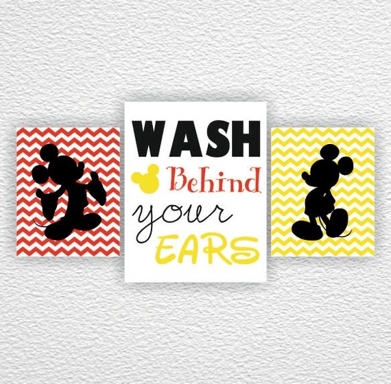 Items similar to Mickey Mouse bathroom Wall Art, Wash behind your ears, Disney silhouette, Kids