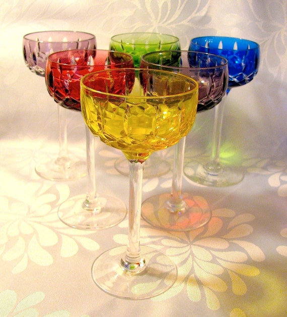 Six Crystal Harlequin Stemware Wine Glasses by littleminxantiques