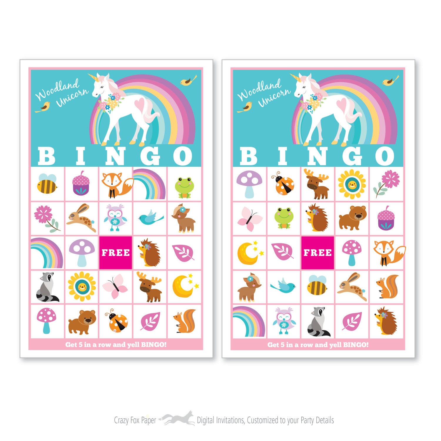 Woodland Unicorn Bingo Game Kids Printable Bingo Game