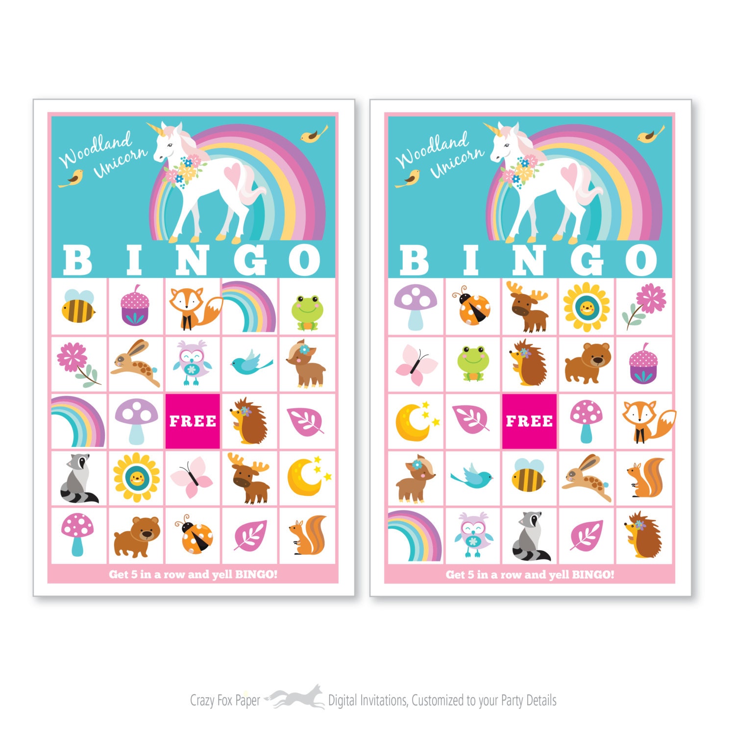 woodland unicorn bingo game kids printable bingo game