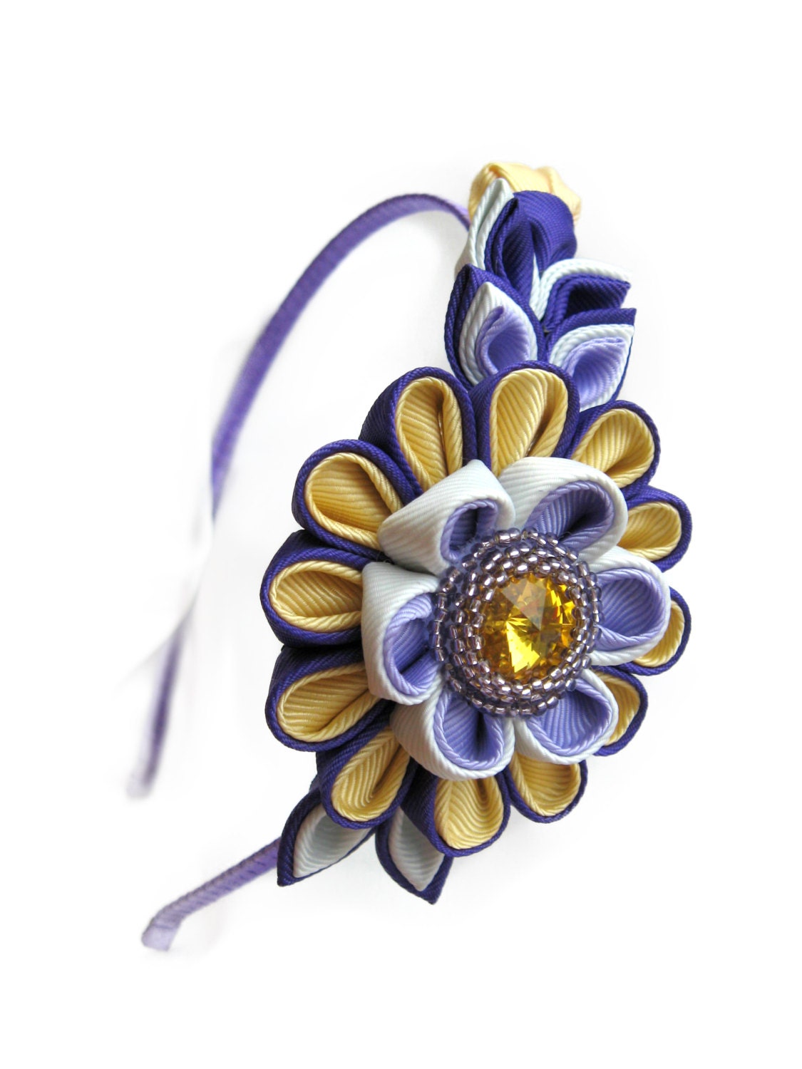 Lilac headbands with fabric flowers and gold rhinestone