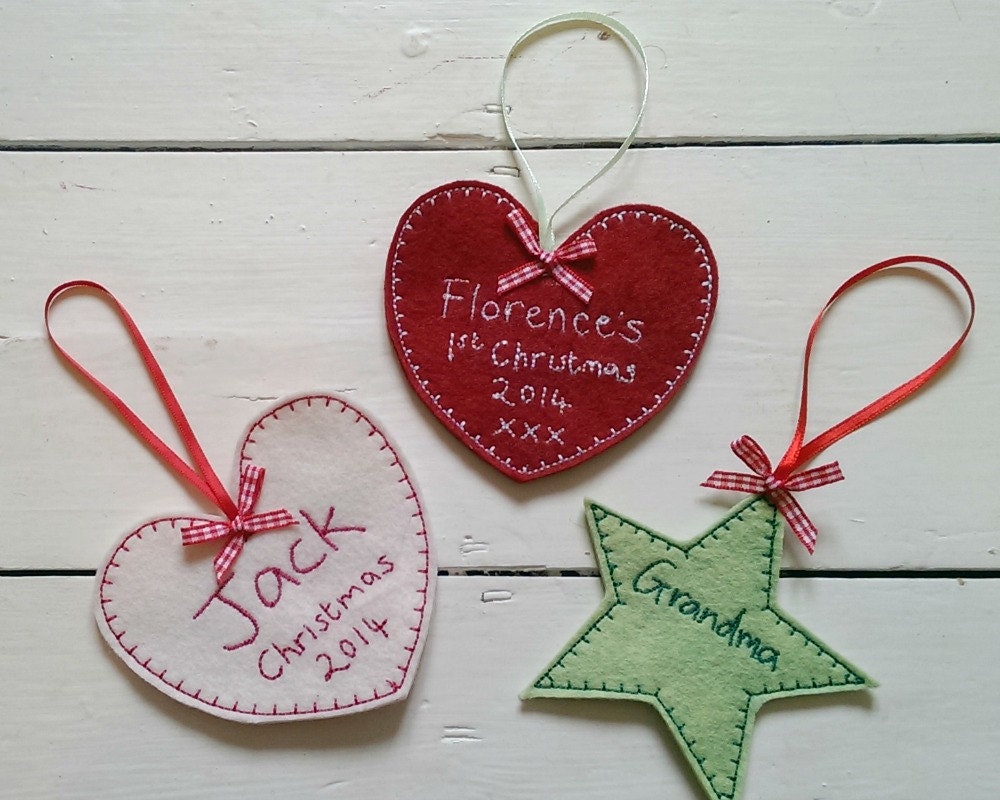 Personalised Embroidered Christmas Tree Decorations - Wool Felt - Heart and Star Decoration