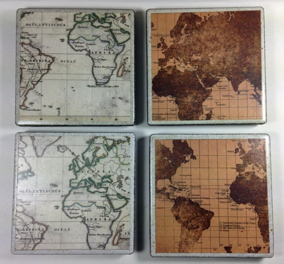 Items similar to Ceramic World Map Coasters Set of Four on Etsy
