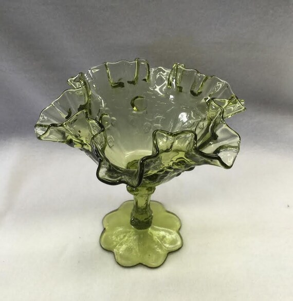 Fenton Art Glass Double Ruffle Green Compote Or Vase Or Candy