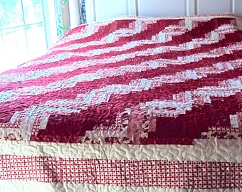 Red and White Log Cabin Quilt -Handmade Queen Size Quilt--Christmas Gift