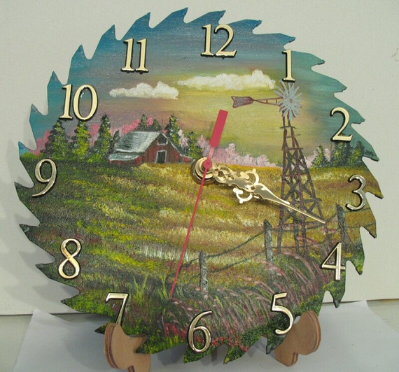 Items similar to Painted Steel Saw Blade Clock with Barn and Windmill