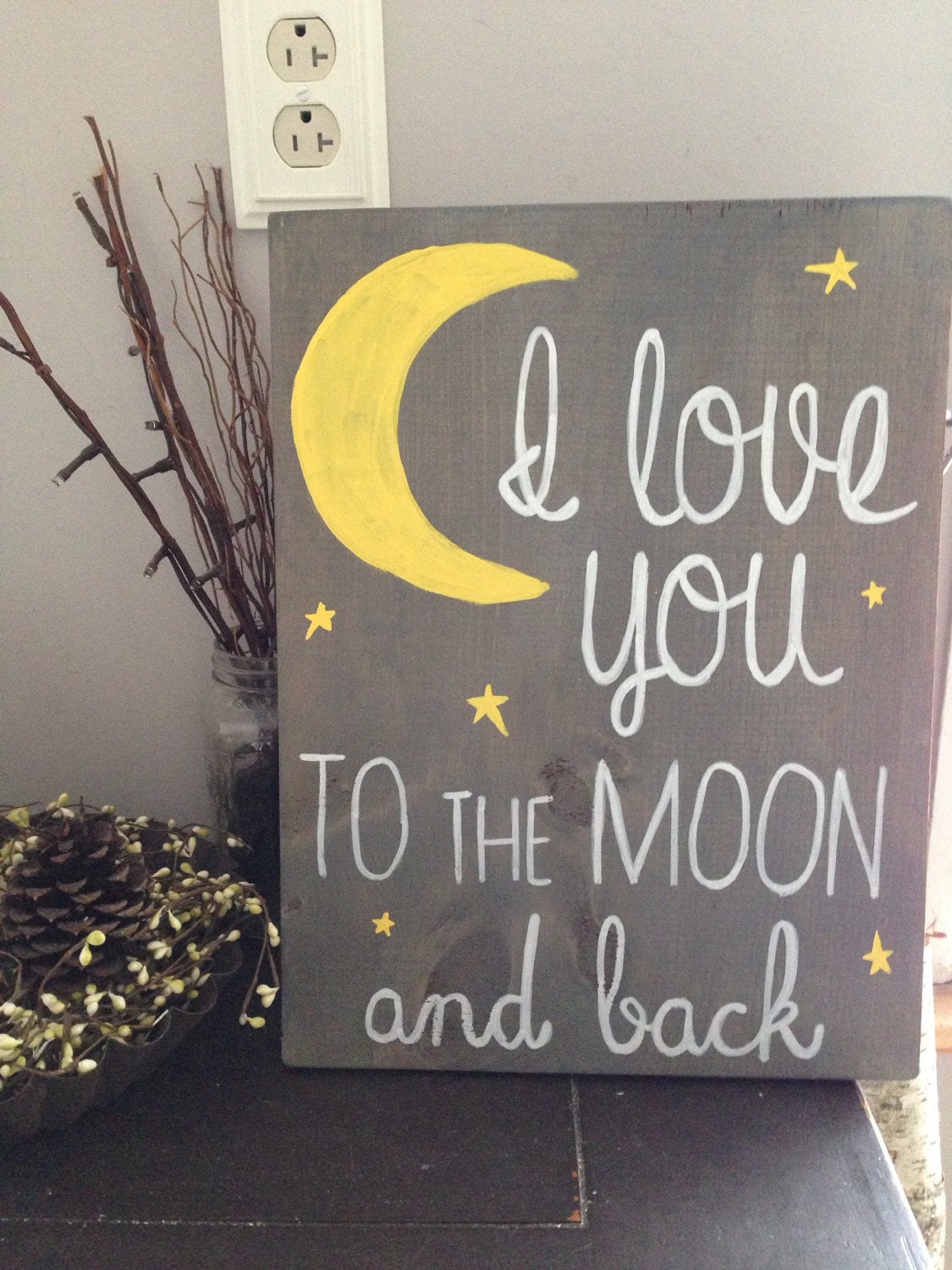 I love you to the moon and back. Hand painted wooden sign.