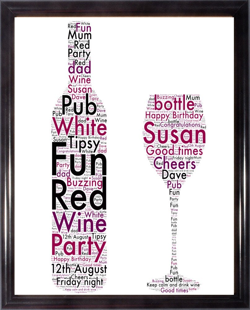 Personalised Wine Bottle & Glass Word Art Print A4 by RMFWordart