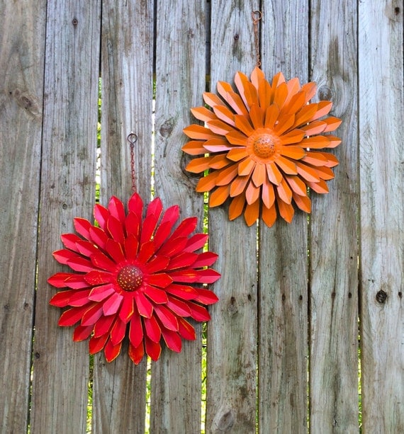 Red & Orange Tin Wall Flowers Set of 2 / 12 Metal Flower