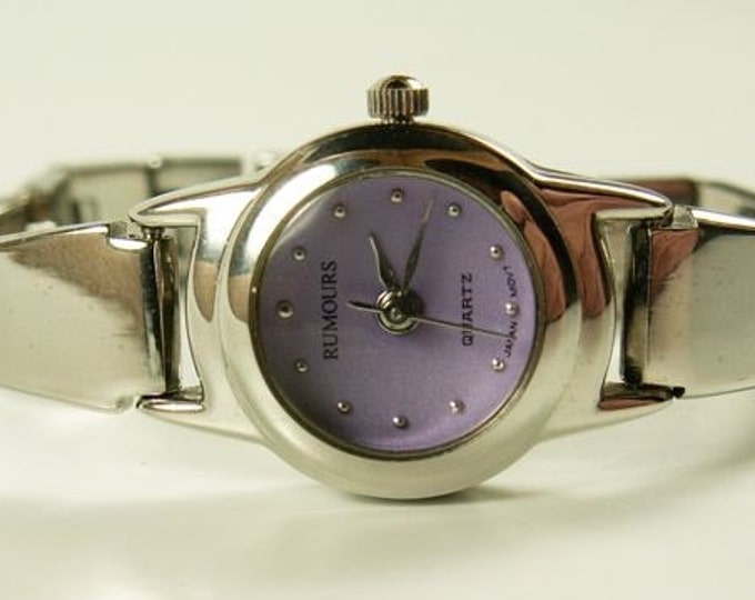 Storewide 25% Off SALE Lovely Vintage Ladies Rumour Quartz Silver Tone Watch with Pink - Purple Face & Partial Cuff Style Band