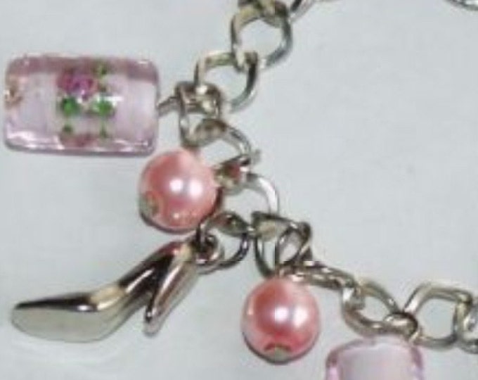 Storewide 25% Off SALE Vintage Silver Tone Designer Charm Bracelet Featuring Assorted Pink Pearls And Silver High Heals Accompanied By Cryst