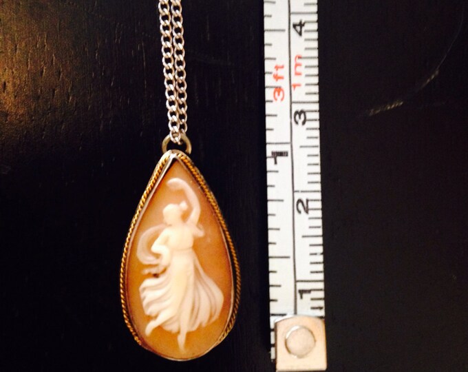 Storewide 25% Off SALE Beautiful Vintage Cameo Pendant on Long Sterling Silver Chain Featuring a Dancing Victorian Woman Iconic of The Cameo