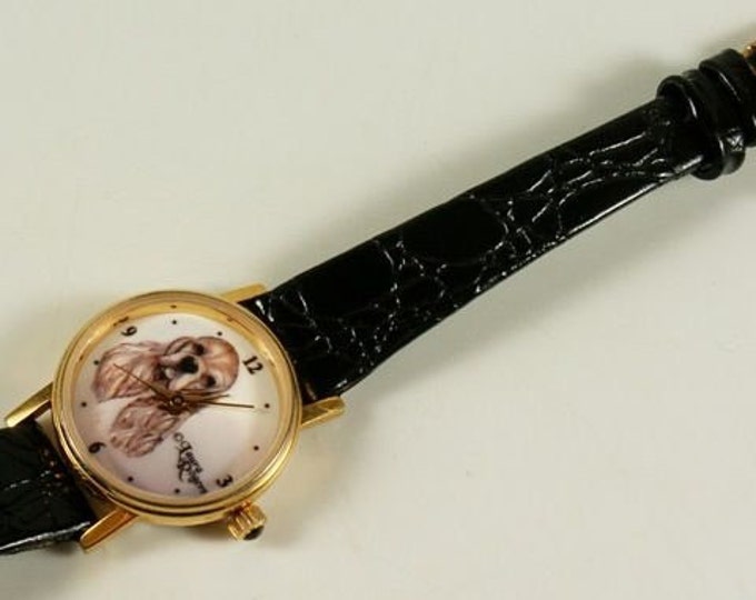Storewide 25% Off SALE Vintage Laura Rogers Designer Quartz Watch With Black Leather Band Featuring Tan Cocker Spaniel Bezel Picture