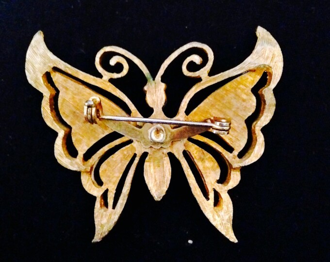 Storewide 25% Off SALE Enchanting Vintage Gold Tone Marquee Butterfly Brooch Featuring Sky Blue Overlay & White Pearl Design Style Finish