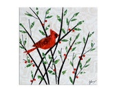 Cardinal and Winter Berries Hand-Painted Paper Collage (4x4 inch canvas with 1/2 inch cradle)