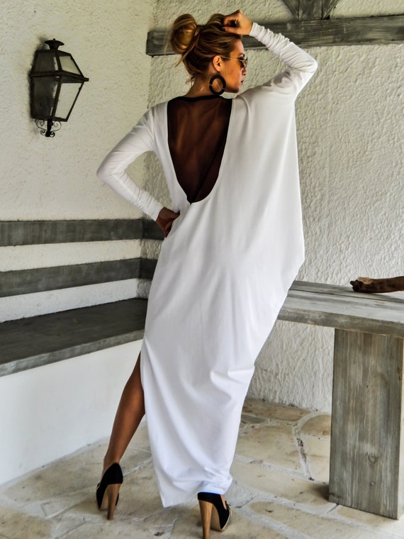 White Maxi Dress Kaftan with Black See-Through Detail