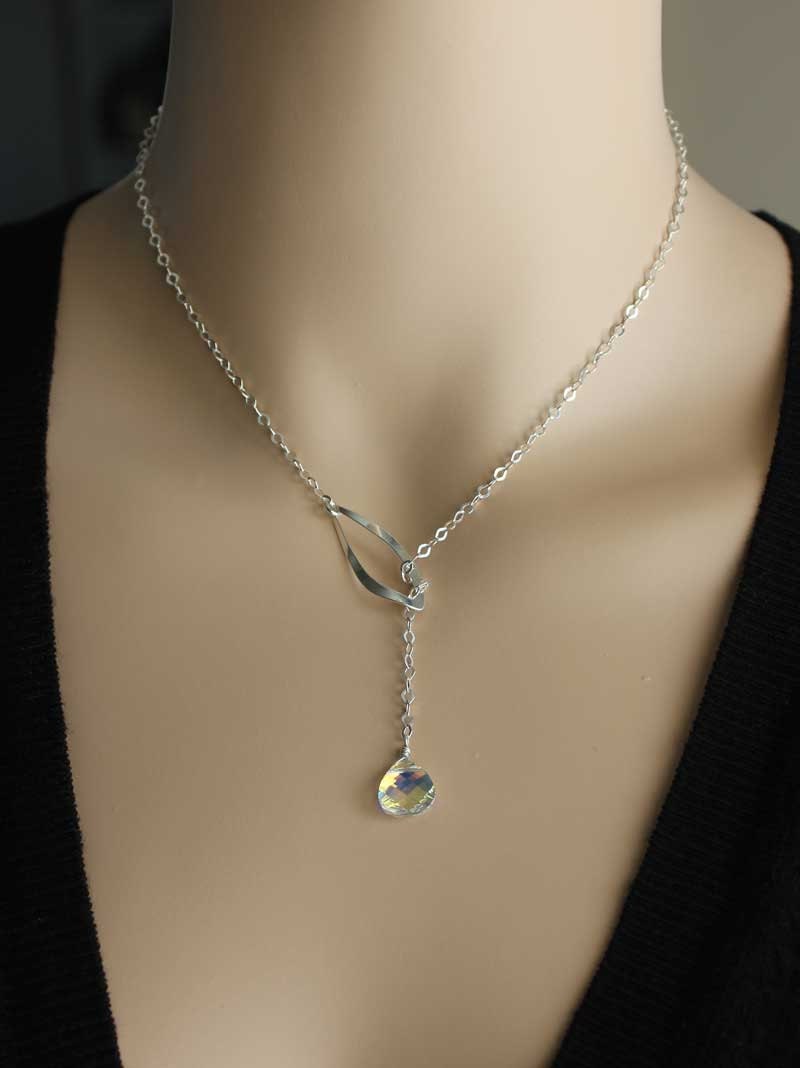 Silver Lariat Necklace Swarovski Crystal AB Necklace Long