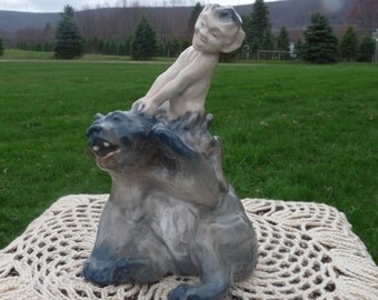 Vintage 1945 Royal Copenhagen - FAUN Pulling Bear's Ear Figurine #1804 - Made in DENMARK .. Designed by Knud Kyhn