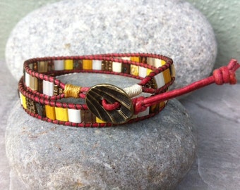 Leather Beaded Bracelet, Miyuki Tila Bracelet, Mosaic Beaded Bracelet, Bohemian, Red Leather, Pewter Button