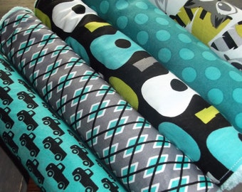 NEW set of 5 Handmade Baby Boy Burp Cloths Bibs Groovy Guitar Tula Gray Michael Miller Lagoon Racoon Argyle Trucks Lime Black Jade Gray