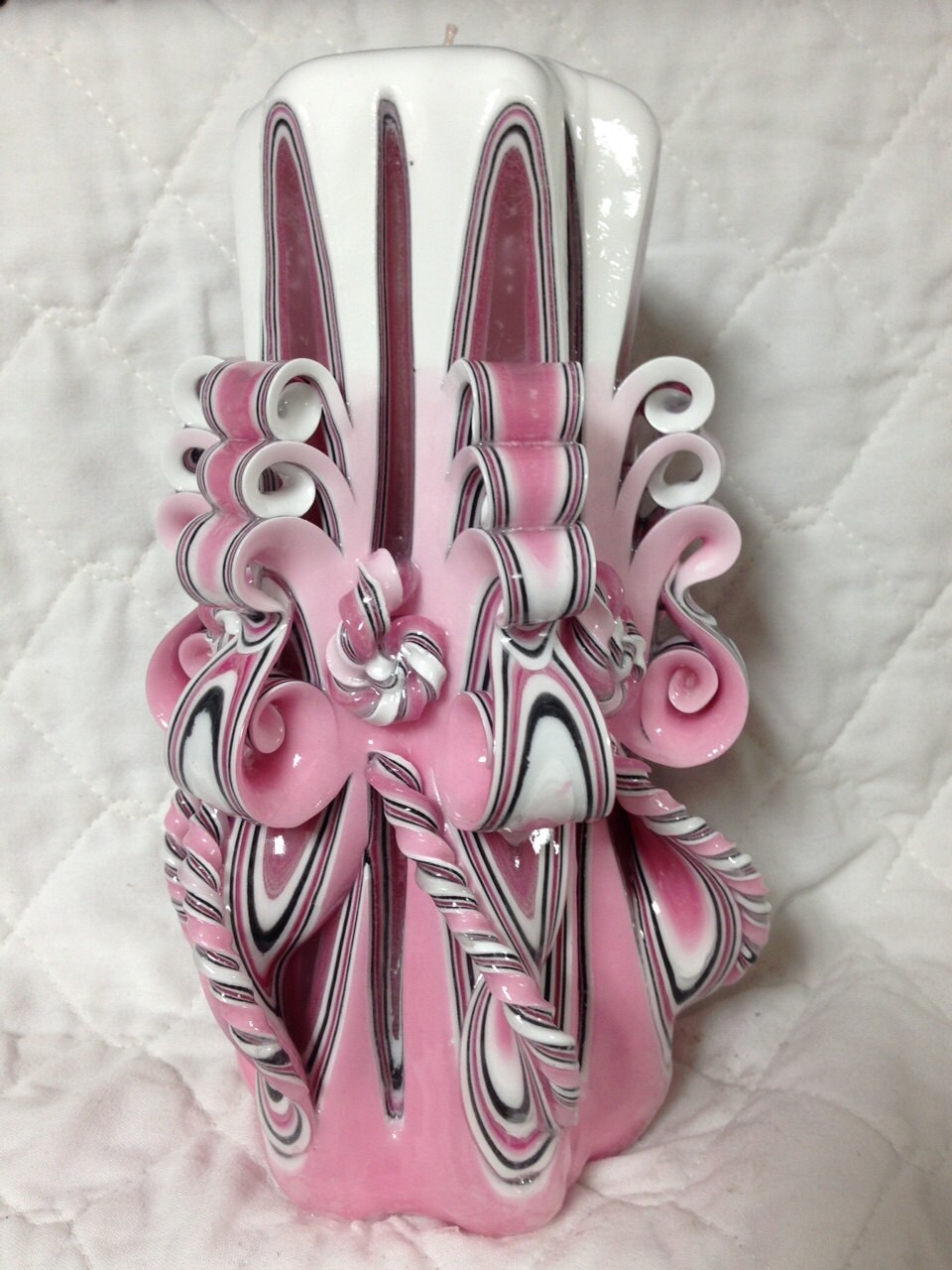 Hand Carved Ribbon Candle 9 tall Refillable by CRCandlesandMore