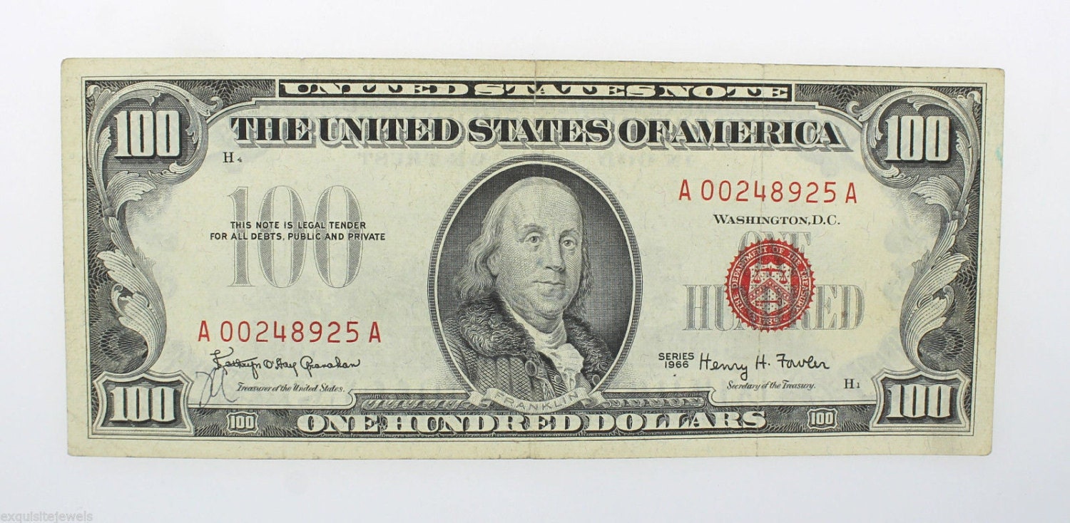 1966 100 Hundred Dollar Bill U.S. Note Red Seal by exquisiteccj