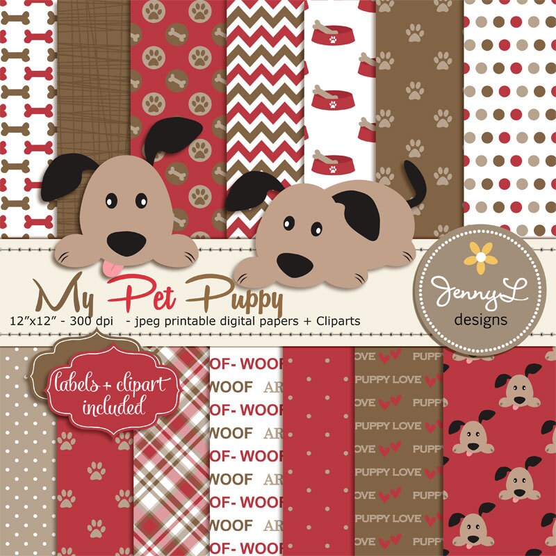 Dog Digital papers Pet Puppy Clipart Red and by