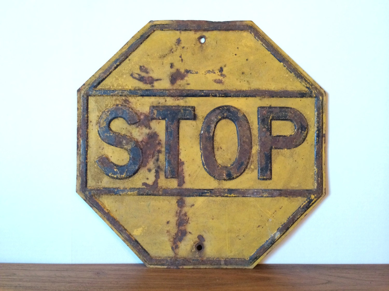 Vintage Yellow Stop Sign Embossed Metal Raised Black Letters