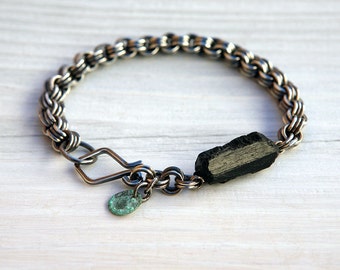 Medium Oxidized Sterling Silver 3-in-3 Chainmaille Bracelet with Rough Black Tourmaline Bead and Handmade Clasp