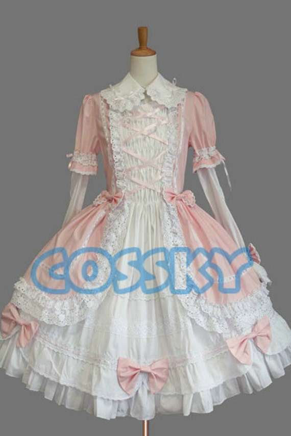 Gothic Lolita Long Sleeves Pink and White Dress Costume by cossky