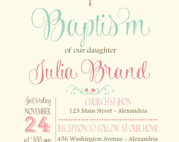 Baptism Invitation. Pastel colors, mint and pink, floral invite. Printable & personalized. Chalkboard invitation. Chalkboard Baptism invite