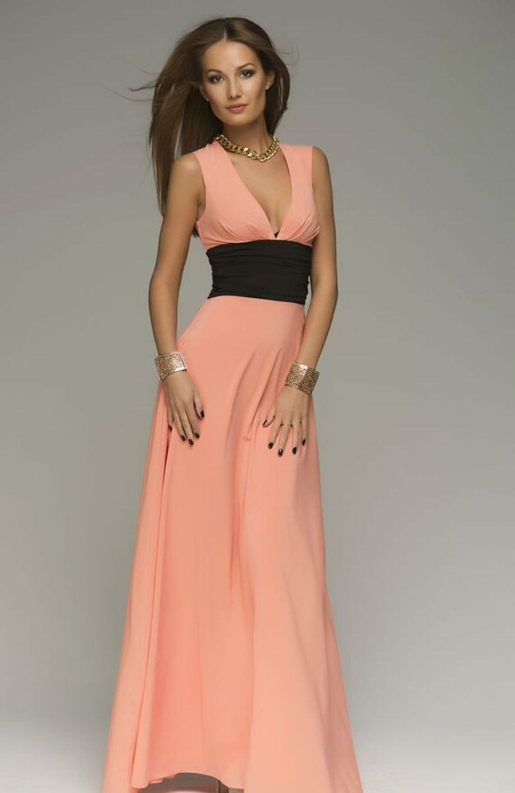 Peach Maxi Dress Formal V Neckline High Waist Chiffon Dress 2496