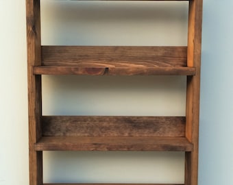 Rustic Spice Rack made from Reclaimed Materials 4 Shelves (various widths) in Dark Oak finish - Open top for taller jars & bottles