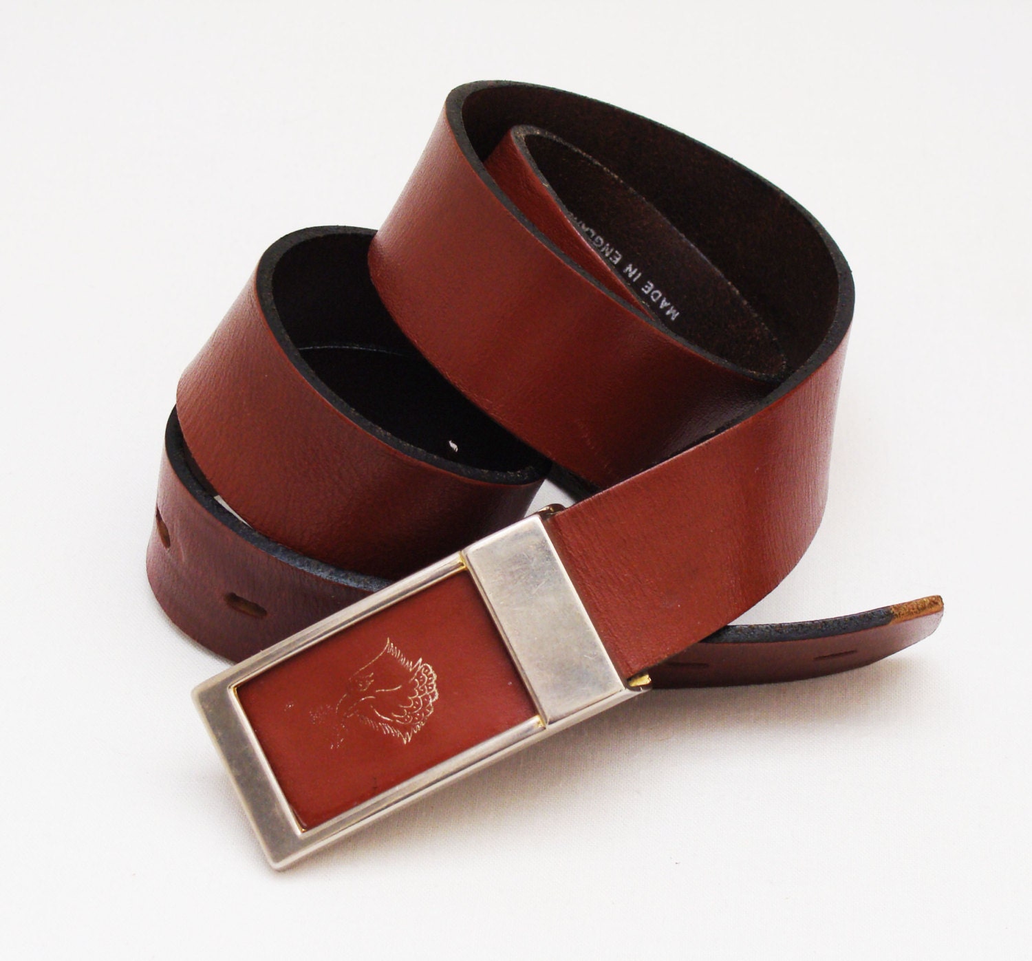 Mens Vintage Leather belt English brown HH Bond Top Grain silver