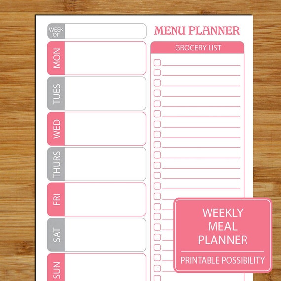 weekly meal planner printable pink and by printablepossibility