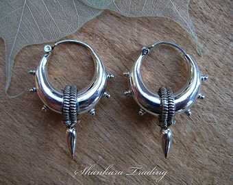 Tribal Silver Earrings, Spike Hoop Earrings, Gypsy Earrings, Indian Earrings, Sterling Silver Earrings, Ethnic Hoop Earrings, Belly Dance