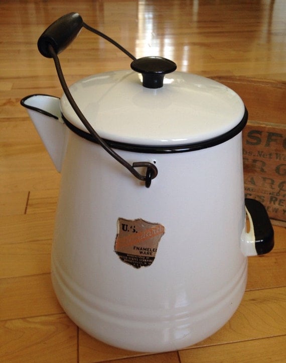 White Enamel Coffee Pot Large Campfire Coffee Pot by SimplyAgain