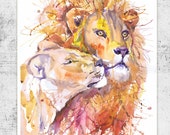 Lion and lioness, watercolor painting, wall decor, african animal, animal art, art print, zodiacal,  wildlife, signs of the zodiac, lion art