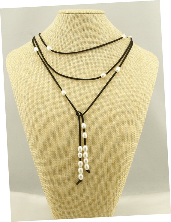 CN058 69'Freshwater Pearl Leather Necklace,Handmade Fresh Water Long