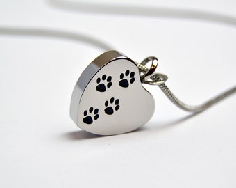 Pet Cremation Jewellery, Paws On Heart Stainless Steel