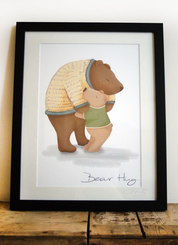 Bear Hug Illustrated Print Wall Art Cuddle Gift Portrait