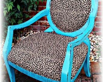 SOLD SOLD!!! Leopard accent chair, leopard chair, accent chair, turquoise chair, distressed chair, rustic chair, shabby chic chair