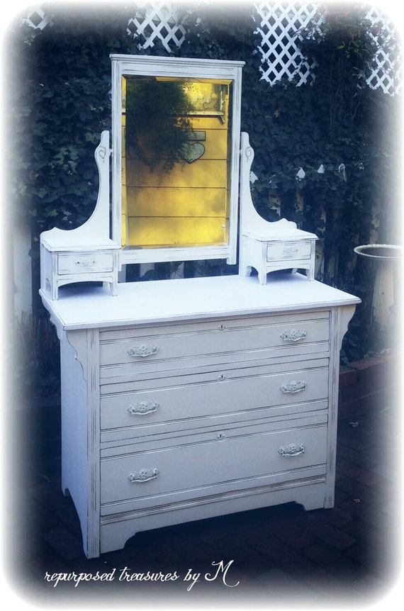 Distressed Antique Upcycled shabby chic, country cottage, french country, distressed white dresser with attached mirror! Chalk paint, waxed