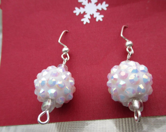 Snowball earrings-winter jewelry-sparkly dangles-sugar earrings-clip on earrings-sterling silver earrings-gifts for her-pink sparkly jewelry