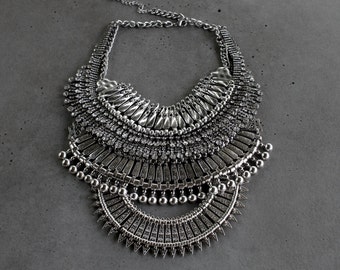 SALE! Statement Necklace - Handcrafted: Brooklyn. Silver crystal layered stacked rhinestone ethnic bohemian necklace