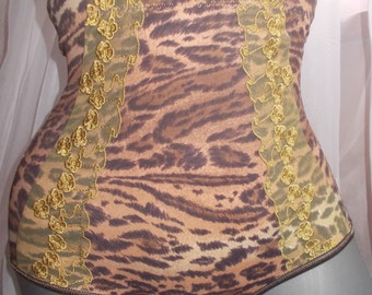 animal print lycra microfiber high waist bikini full lined infront with cotton contrast piece,decorated wiith emroidered gold flowers tulle