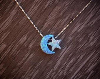 Lab opal Moon & Star necklace, Silver Moon and Star necklace, Gold filled Moon and Star necklace