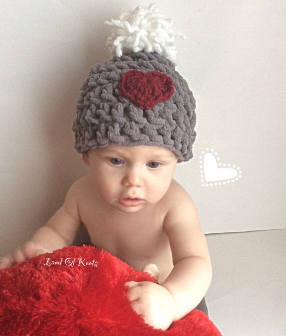 hat baby pom girl pom with pom with heart, large pom hat, hat grey ghat girl, heart crochet