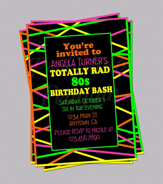 80s Birthday Invitations 80s Invitations Neon Invites Adult