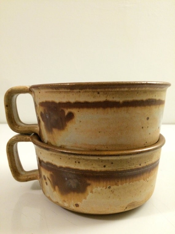 Pair Of Vintage Stoneware Soup Bowls / Mugs With Handles